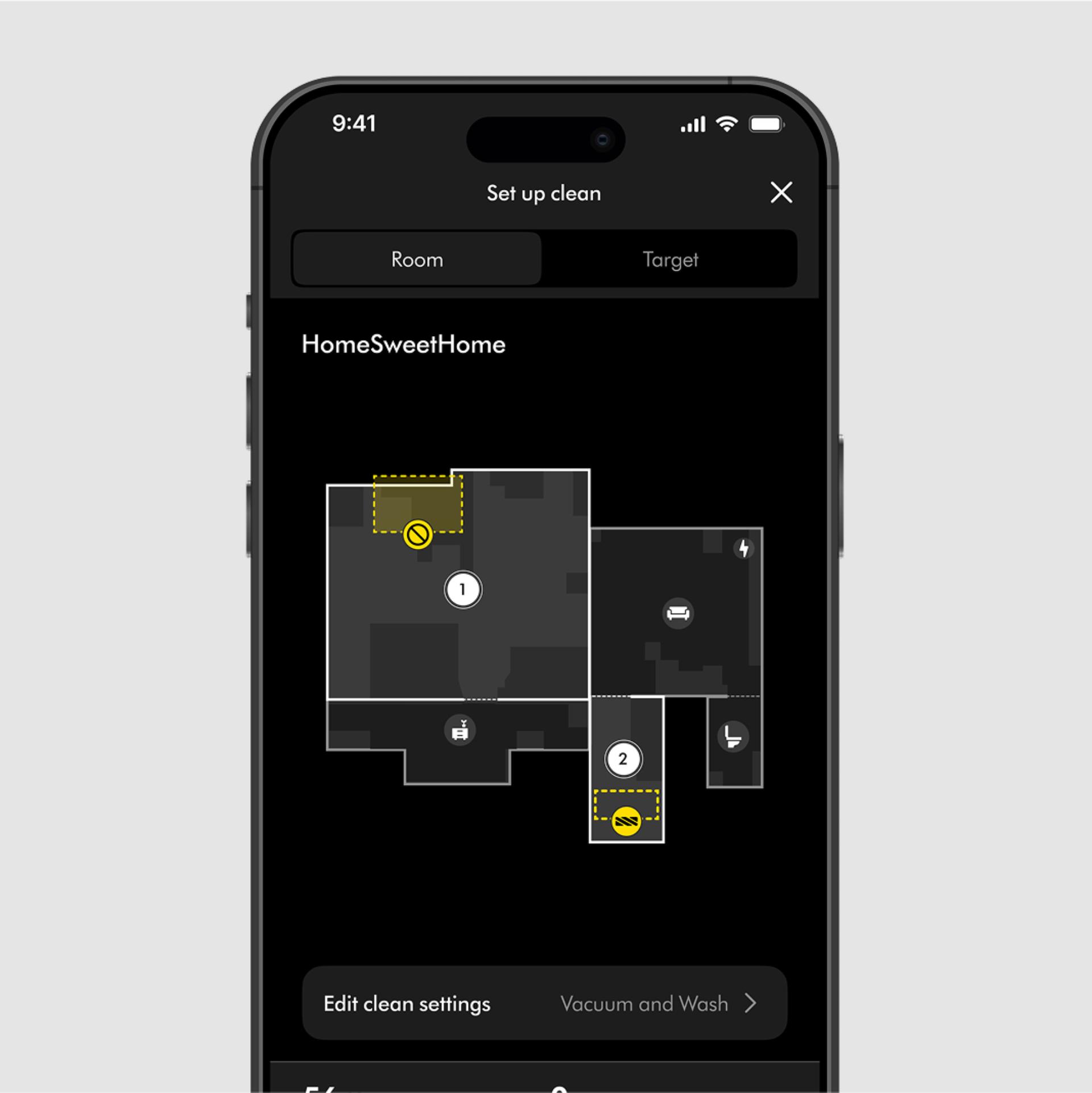 A floor plan of a home on the MyDyson app showing a zone with specific cleaning rules.