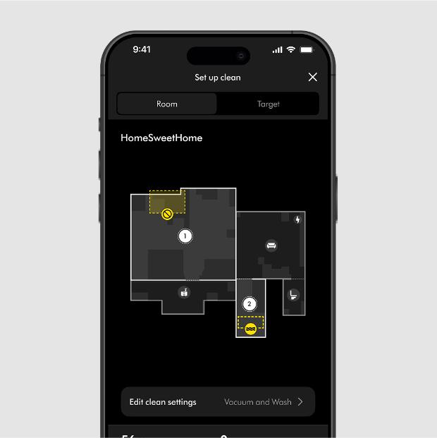 특정 청소 규칙이 적용되는 구역을 나타내는 MyDyson™ 앱에서의 주택의 평면도.