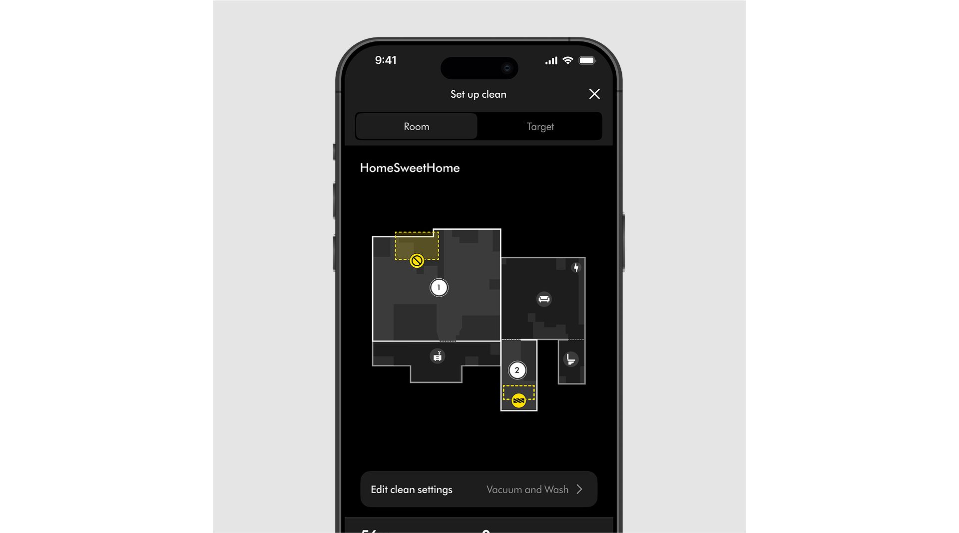 A floor plan of a home on the MyDyson app showing a zone with specific cleaning rules.