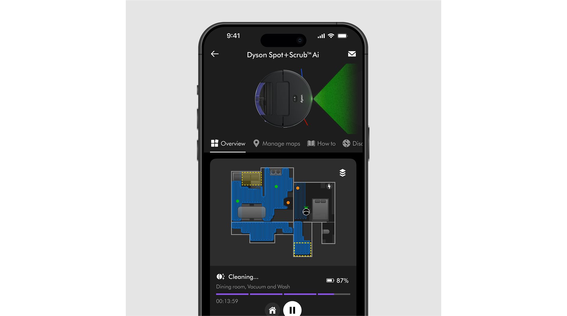 A floor plan of a home on the MyDyson app showing the current location of the Dyson Spot+Scrub Ai robot vacuum.