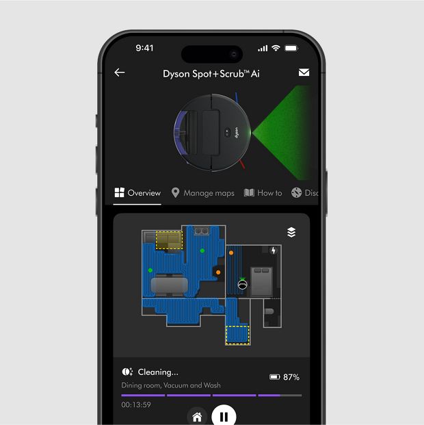 MyDyson 앱에서 다이슨 스팟+스크럽 Ai 로봇 청소기의 현재 위치를 보여주는 집 평면도.