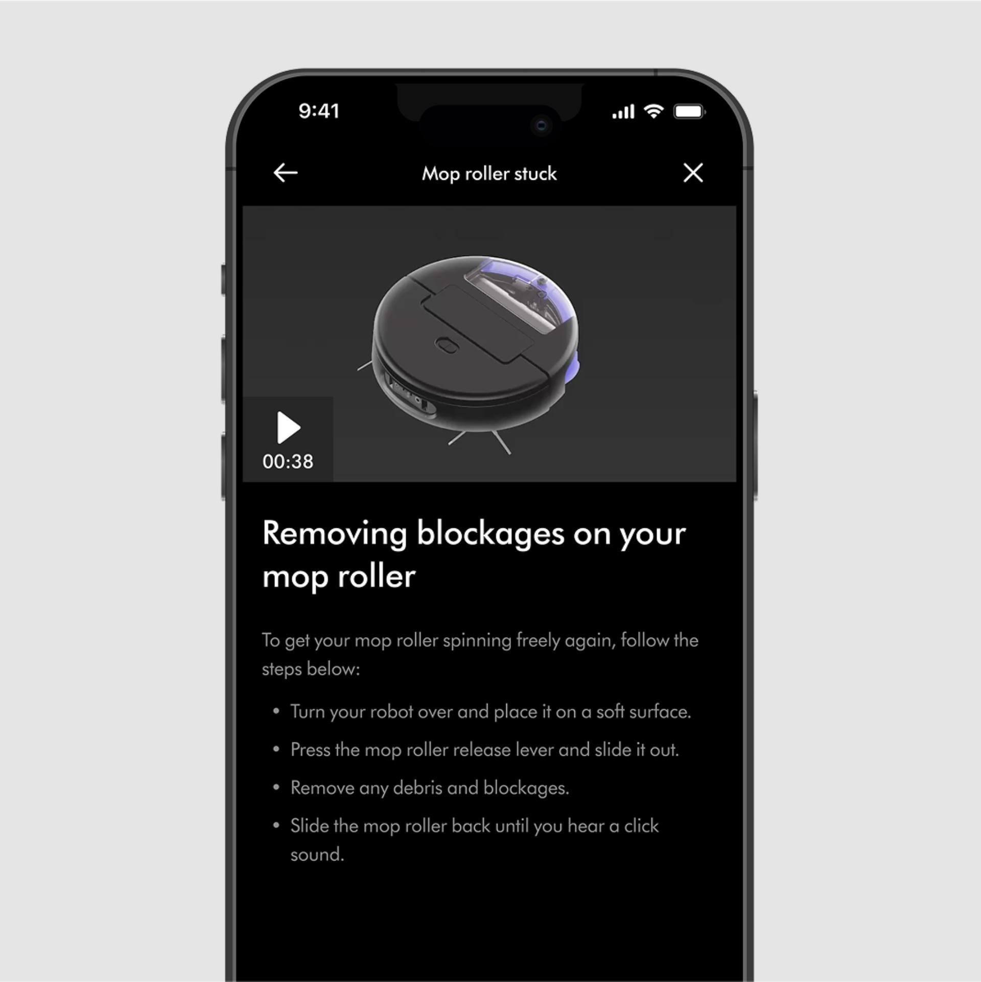 A troubleshooting video and guide on the MyDyson app.