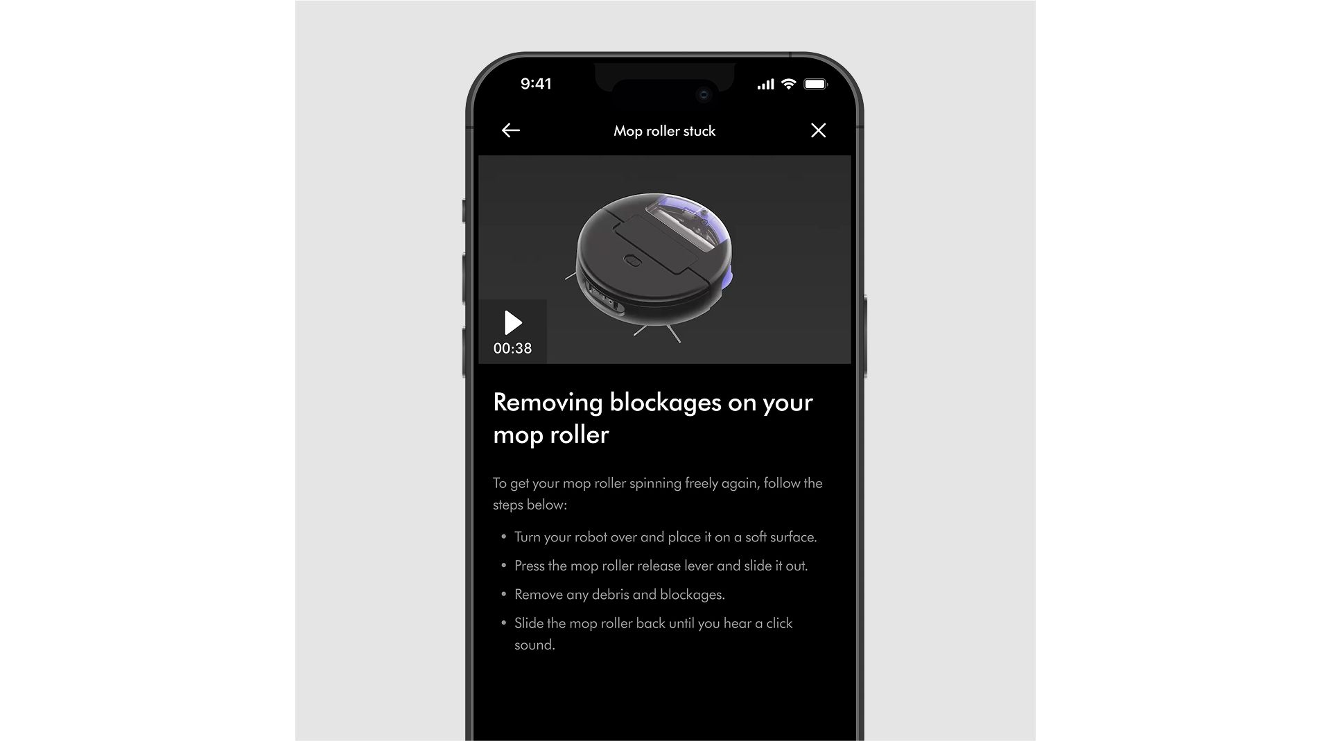 A troubleshooting video and guide on the MyDyson app.