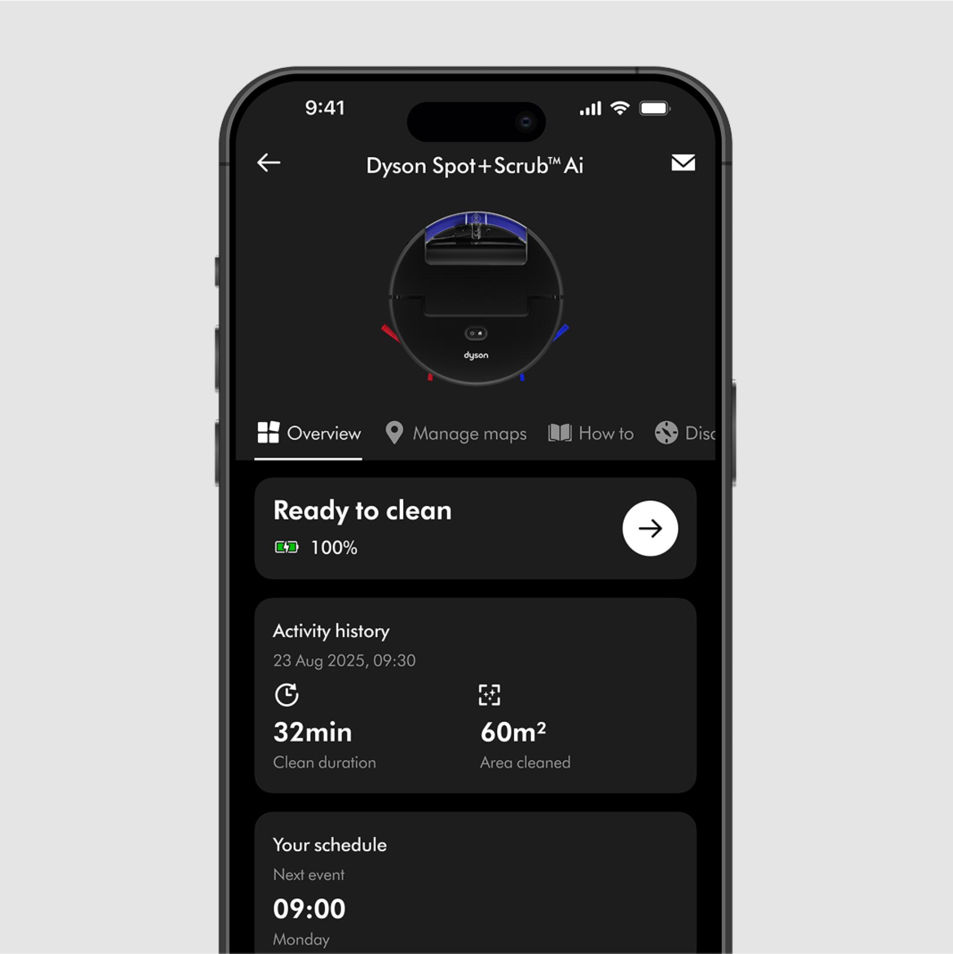 An overview of the Dyson Spot+Scrub Ai robot vacuum on the MyDyson app.