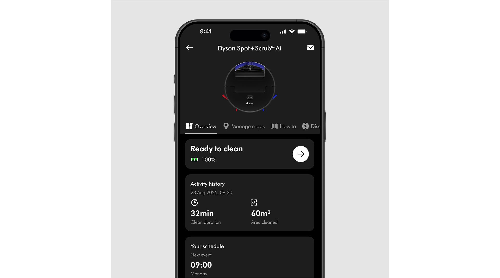An overview of the Dyson Spot+Scrub Ai robot vacuum on the MyDyson app.