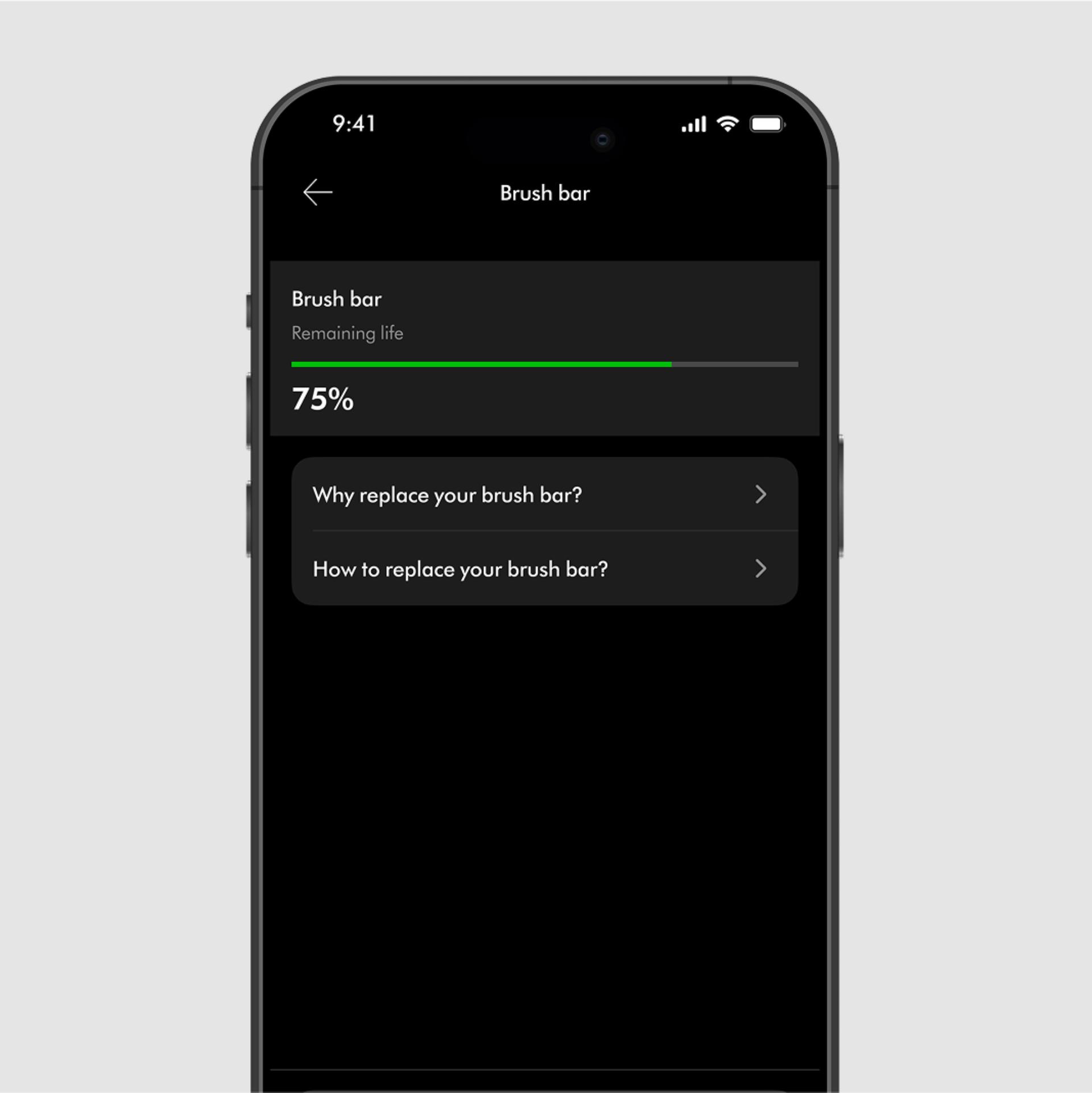 The MyDyson app gives a maintenance report of the brush bar for the Dyson Spot+Scrub robot vacuum.