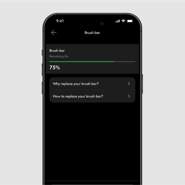 MyDyson 앱은 다이슨 스팟+스크럽 로봇 청소기의 브러시바 유지보수 보고서를 제공합니다.