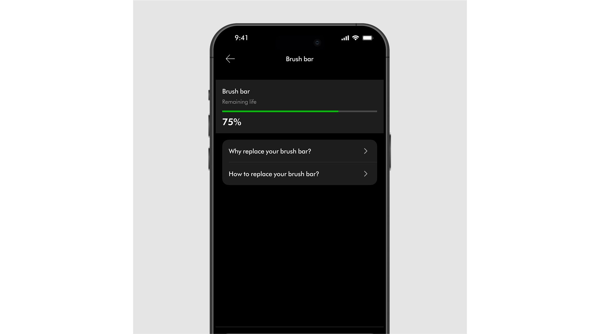 The MyDyson app gives a maintenance report of the brush bar for the Dyson Spot+Scrub robot vacuum.