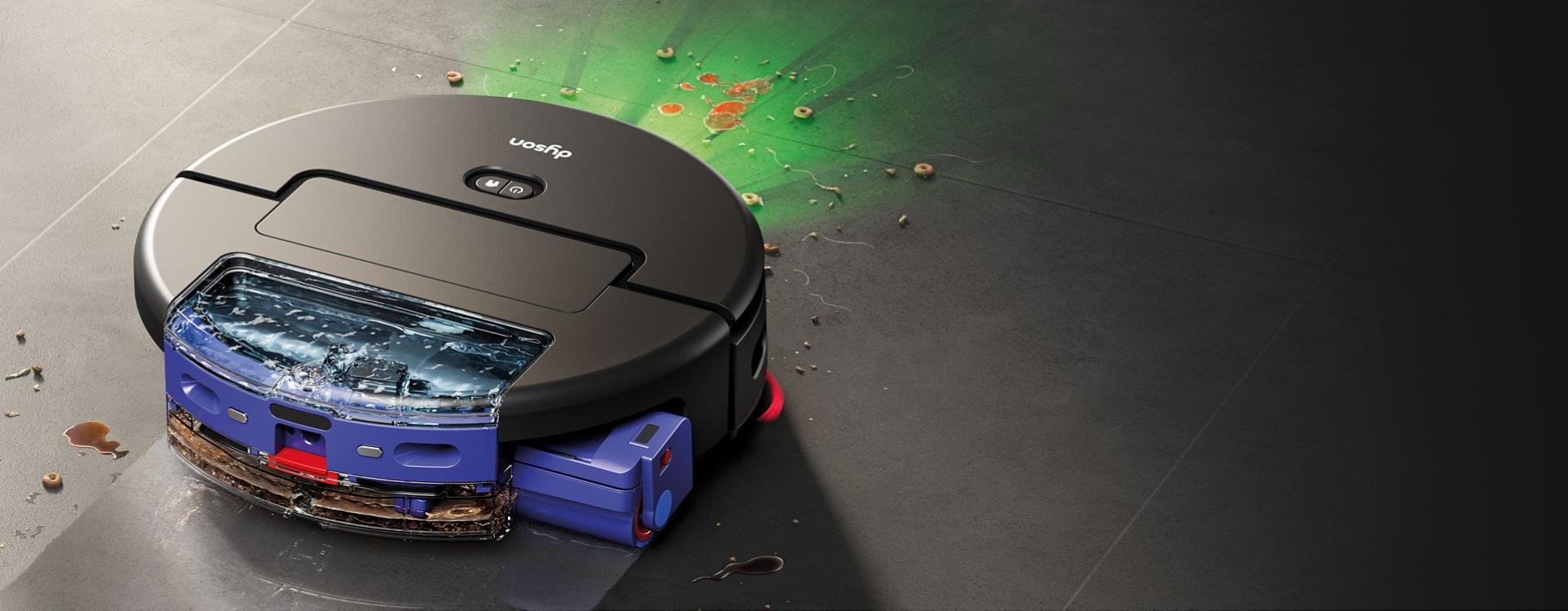 تكتشف المكنسة الروبوت Dyson Spot+Scrub Ai الانسكابات والبقع على الأرضيات الصلبة وتنظفها باستخدام الذكاء الاصطناعي المتطور.