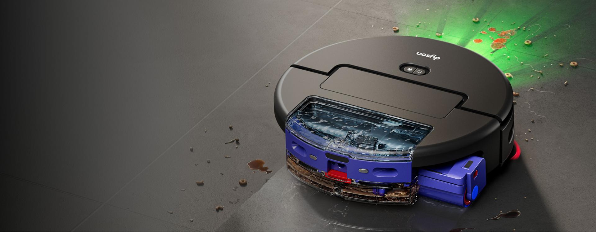 The Dyson Spot+Scrub Ai robot vacuum detects and cleans spills and stains on a hard floor with advanced Ai.