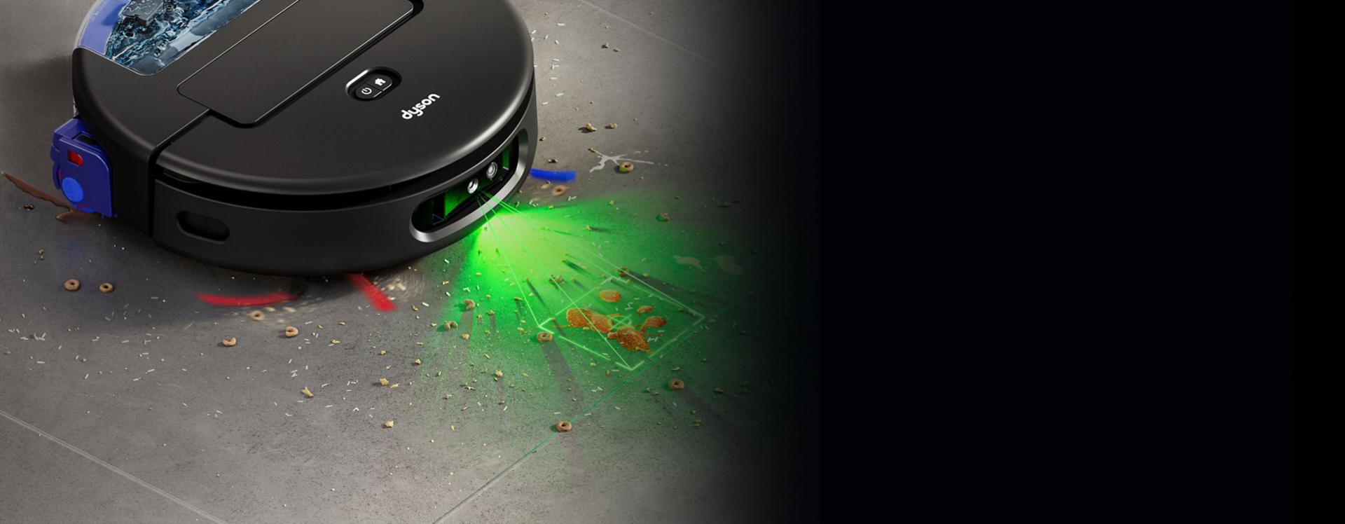 تمر المكنسة الروبوت Dyson Spot+Scrub Ai فوق البقع العنيدة عدة مرات لضمان تنظيفها بالكامل.