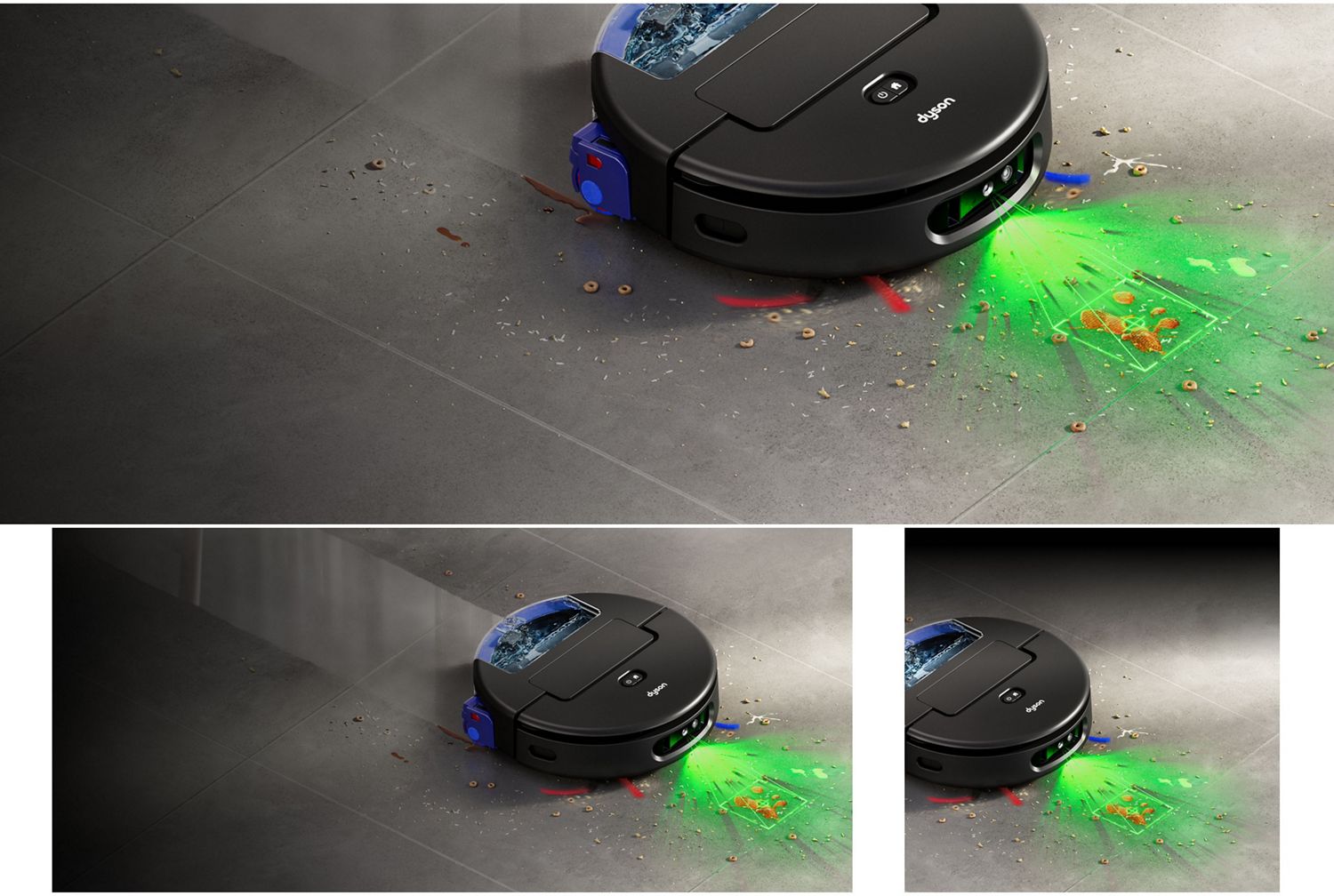 Il robot aspirapolvere Dyson Spot+Scrub Ai passa più volte su una macchia ostinata per garantire una pulizia completa.