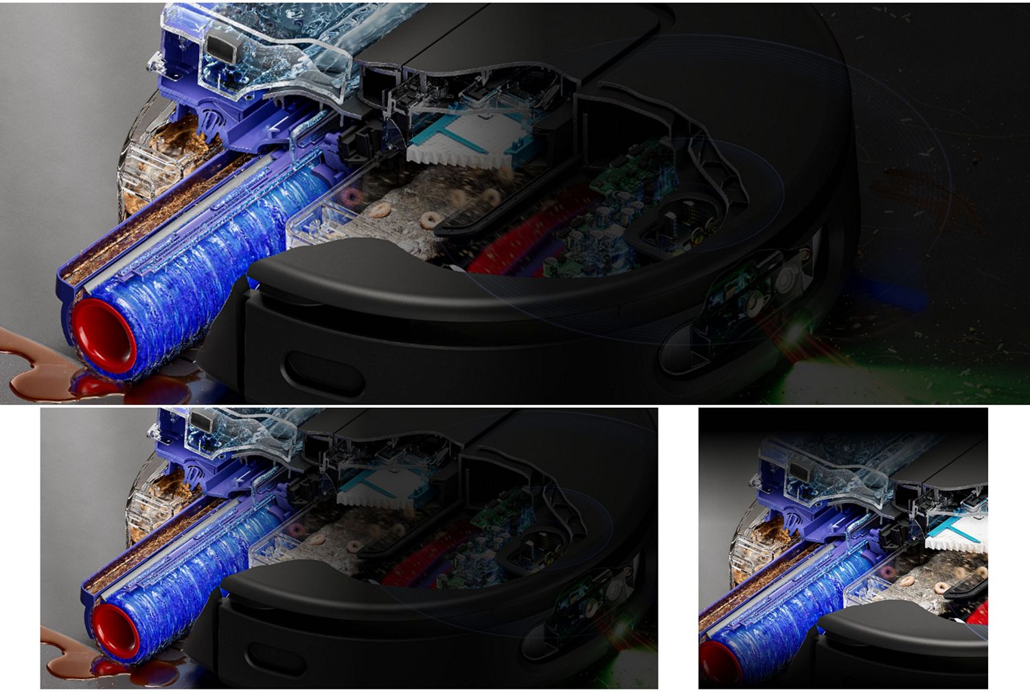 Vista in sezione che mostra la spazzola lavapavimenti autopulente del robot aspirapolvere Dyson Spot+Scrub Ai.