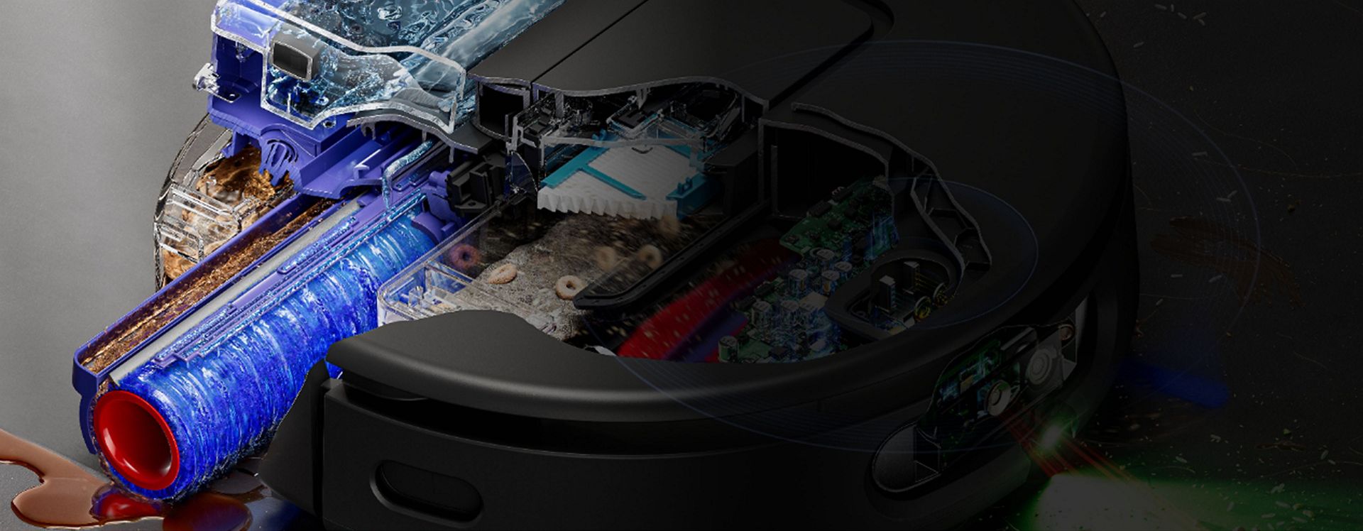 Cutaway shows the self-cleaning wet roller on the Dyson Spot+Scrub Ai robot vacuum.