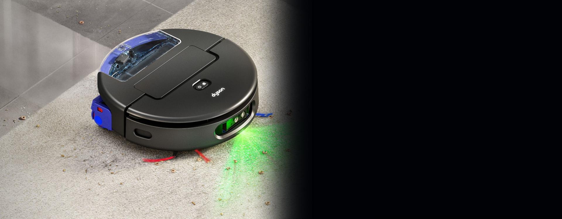 تتكيف المكنسة الروبوت Dyson Spot+Scrub Ai لتنظيف الأرضيات الصلبة والسجاد.