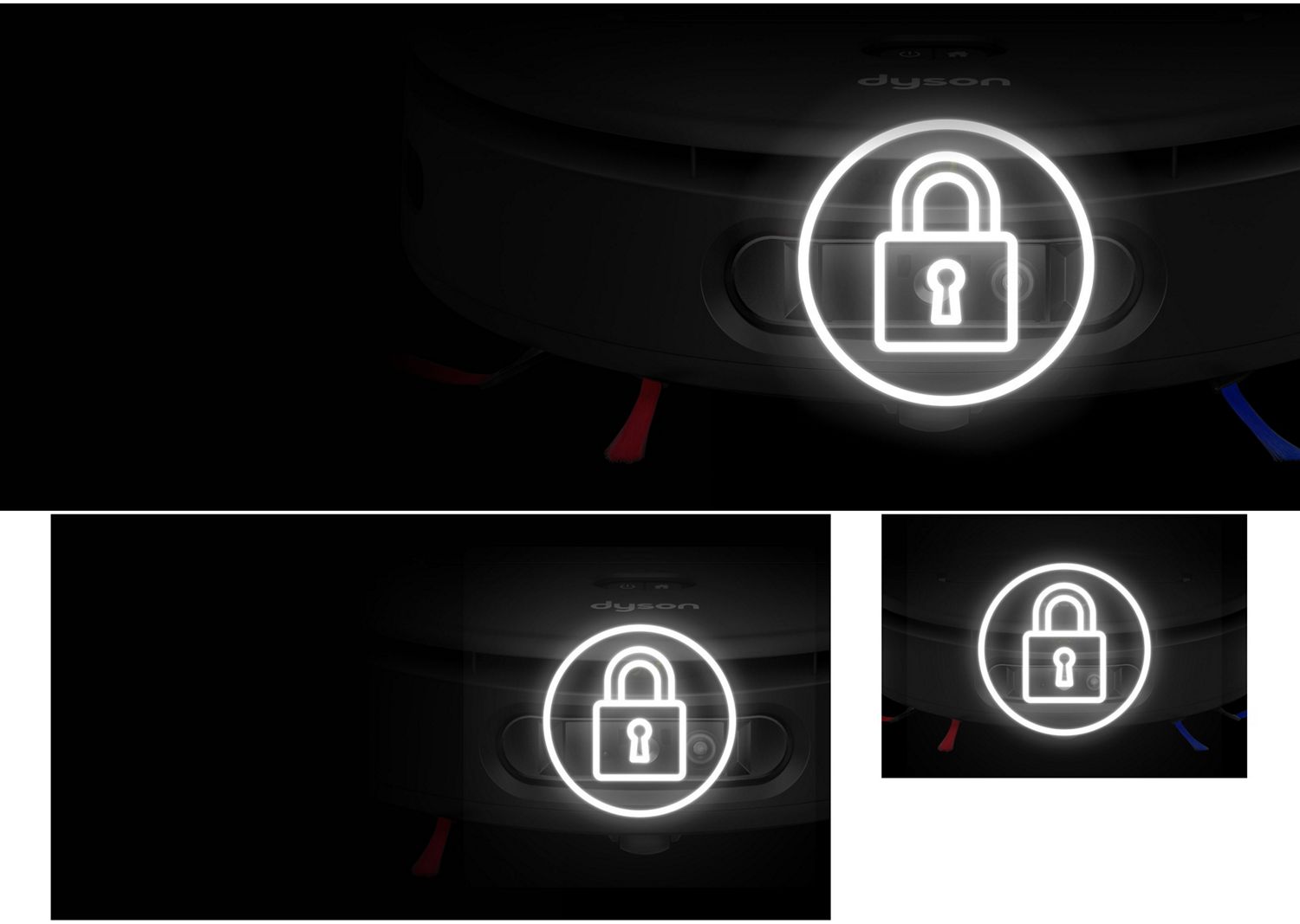 A glowing padlock icon overlaid onto the Dyson Spot+Scrub Ai robot vacuum.