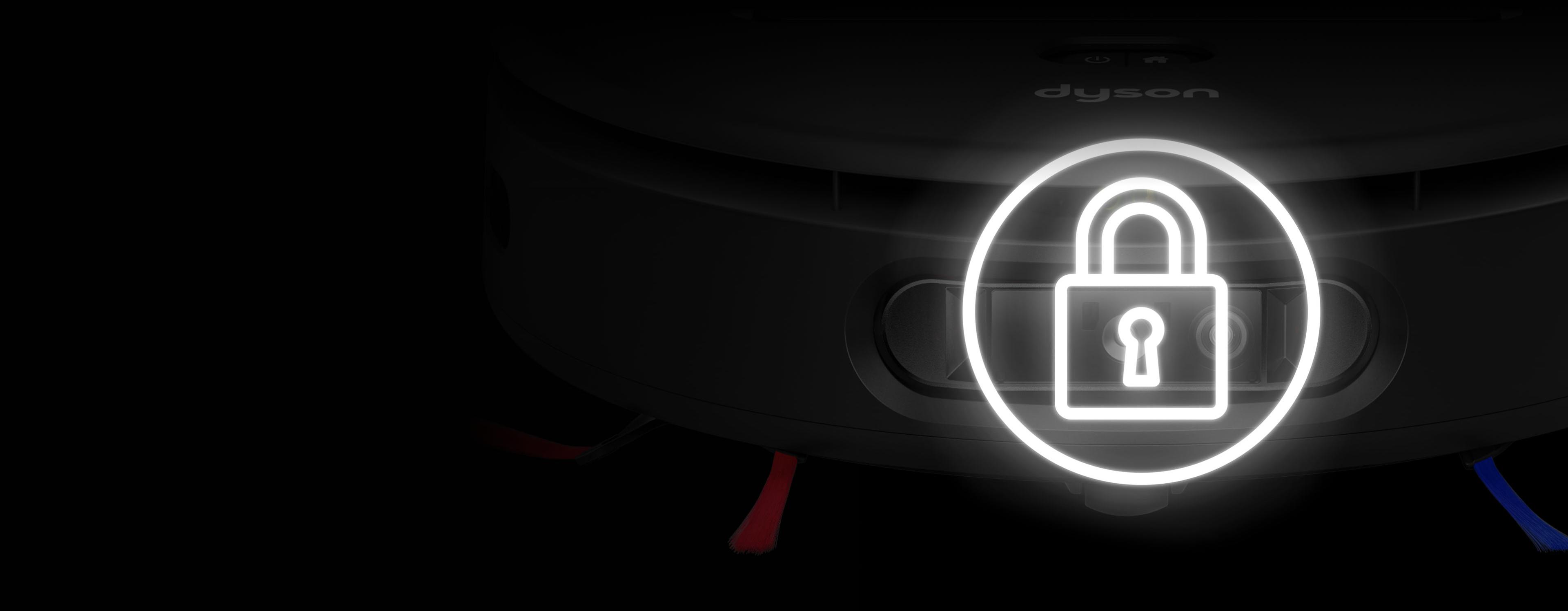 Un icono de candado brillante superpuesto sobre el robot aspirador Dyson Spot+Scrub Ai.