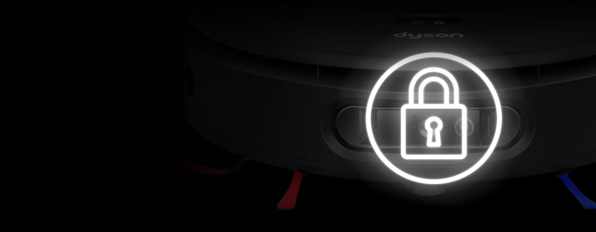 A glowing padlock icon overlaid onto the Dyson Spot+Scrub Ai robot vacuum.