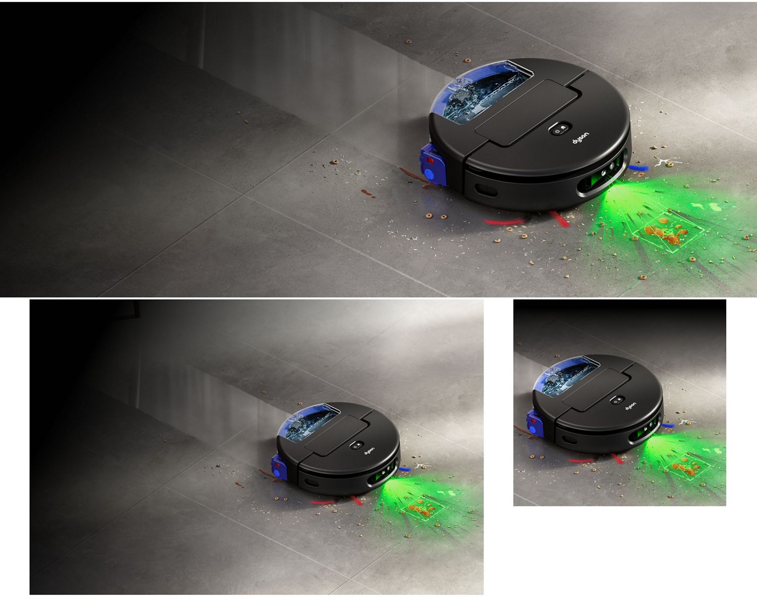 Der Dyson Spot+Scrub Ai gibt einen grünen Lichtstrahl ab, um die Erkennung von Verschüttungen und Flecken zu unterstützen.