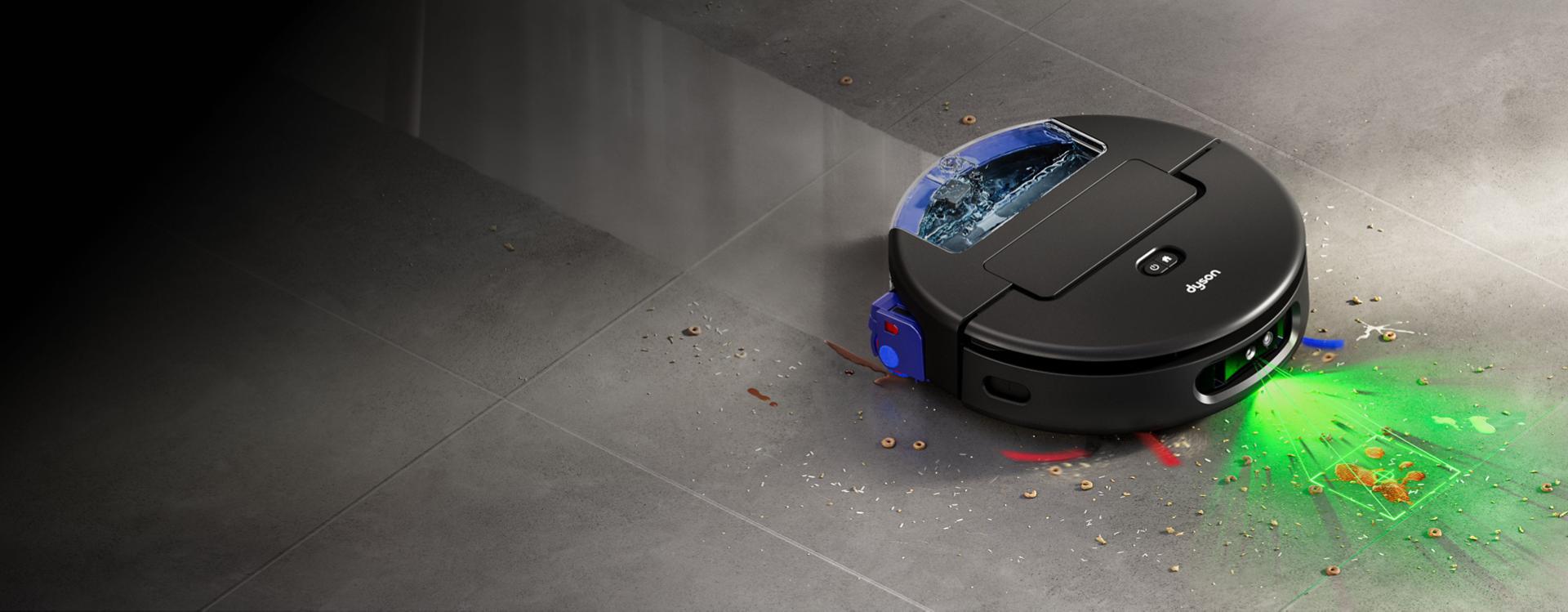 The Dyson Spot+Scrub Ai wet and dry robot vacuum cleaner emits a green light to aid detection of spills and debris.