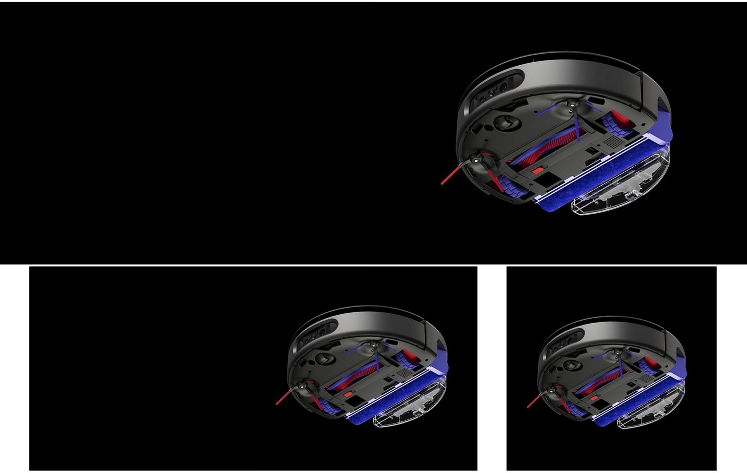 A view of the underside of the Dyson Spot+Scrub robot vacuum from below.