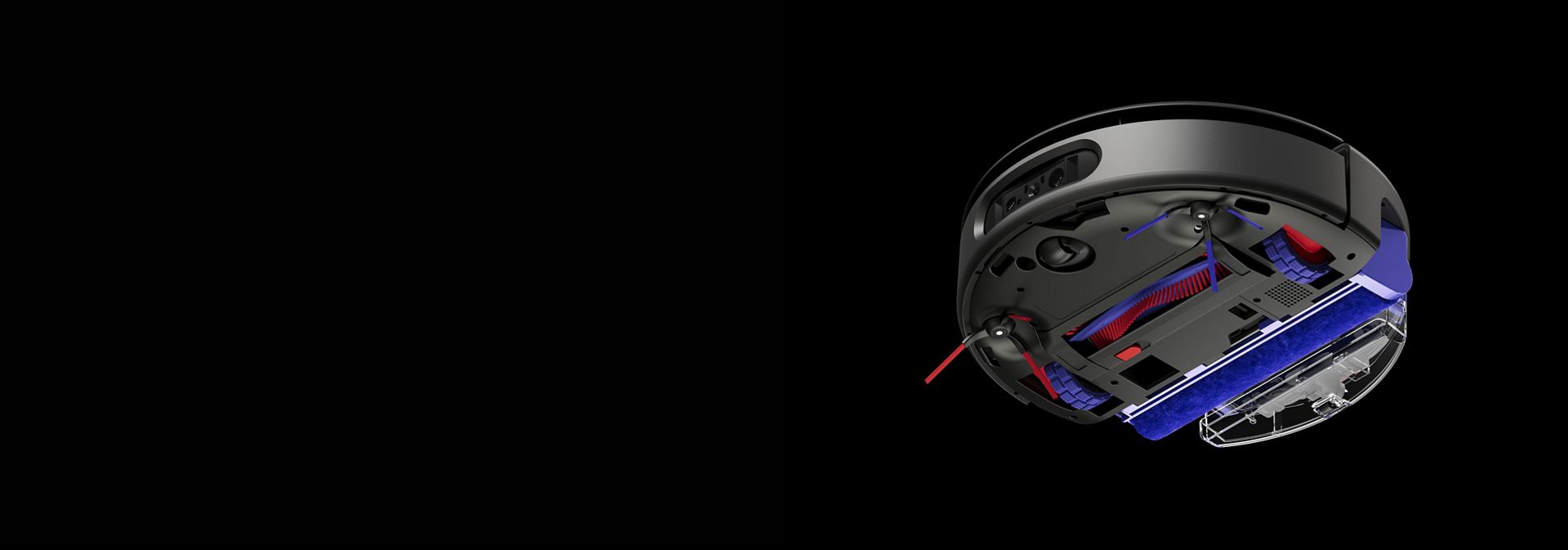 A view of the underside of the Dyson Spot+Scrub robot vacuum from below.