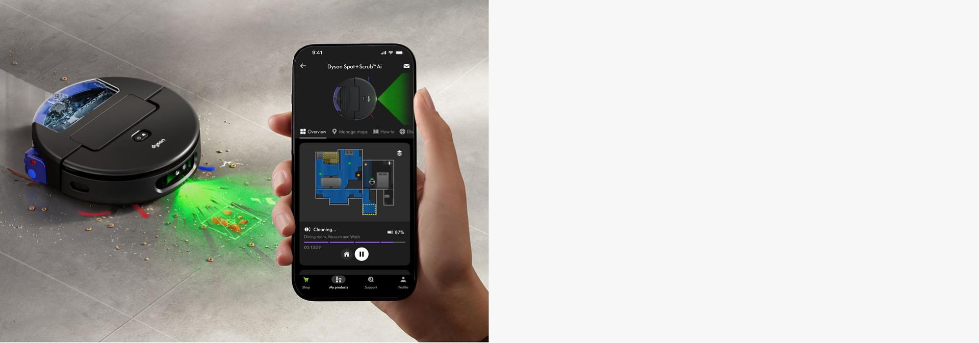 تكتشف المكنسة الروبوت Dyson Spot+Scrub Ai البقع باستخدام الذكاء الاصطناعي، ويعرض التطبيق MyDyson الجهاز على الهاتف.
