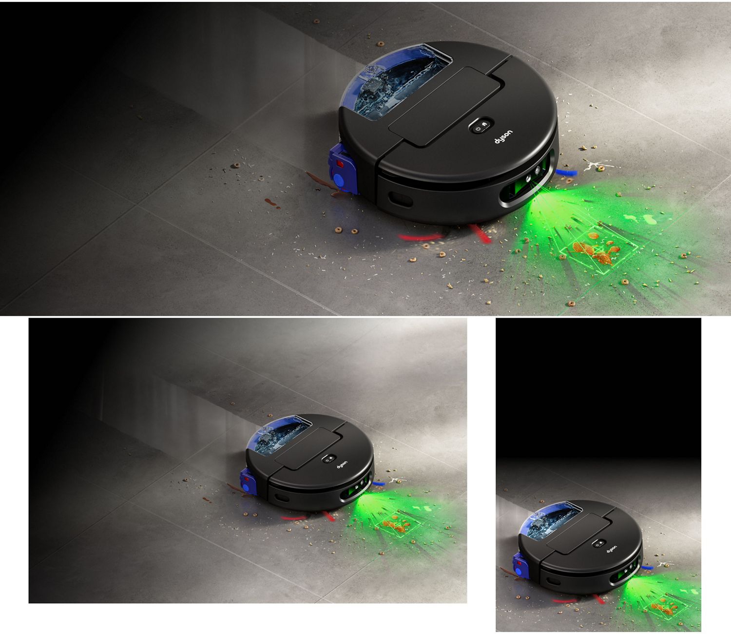 L'aspirateur robot laveur Dyson Spot+Scrub Ai émet une lumière verte pour faciliter la détection des liquides renversés et des débris.