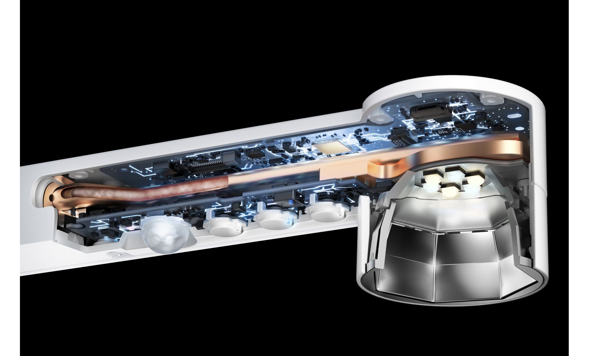 Nahaufnahme der Heat Pipe Technologie im optischen Kopf der Dyson Solarcycle Morph Leuchte