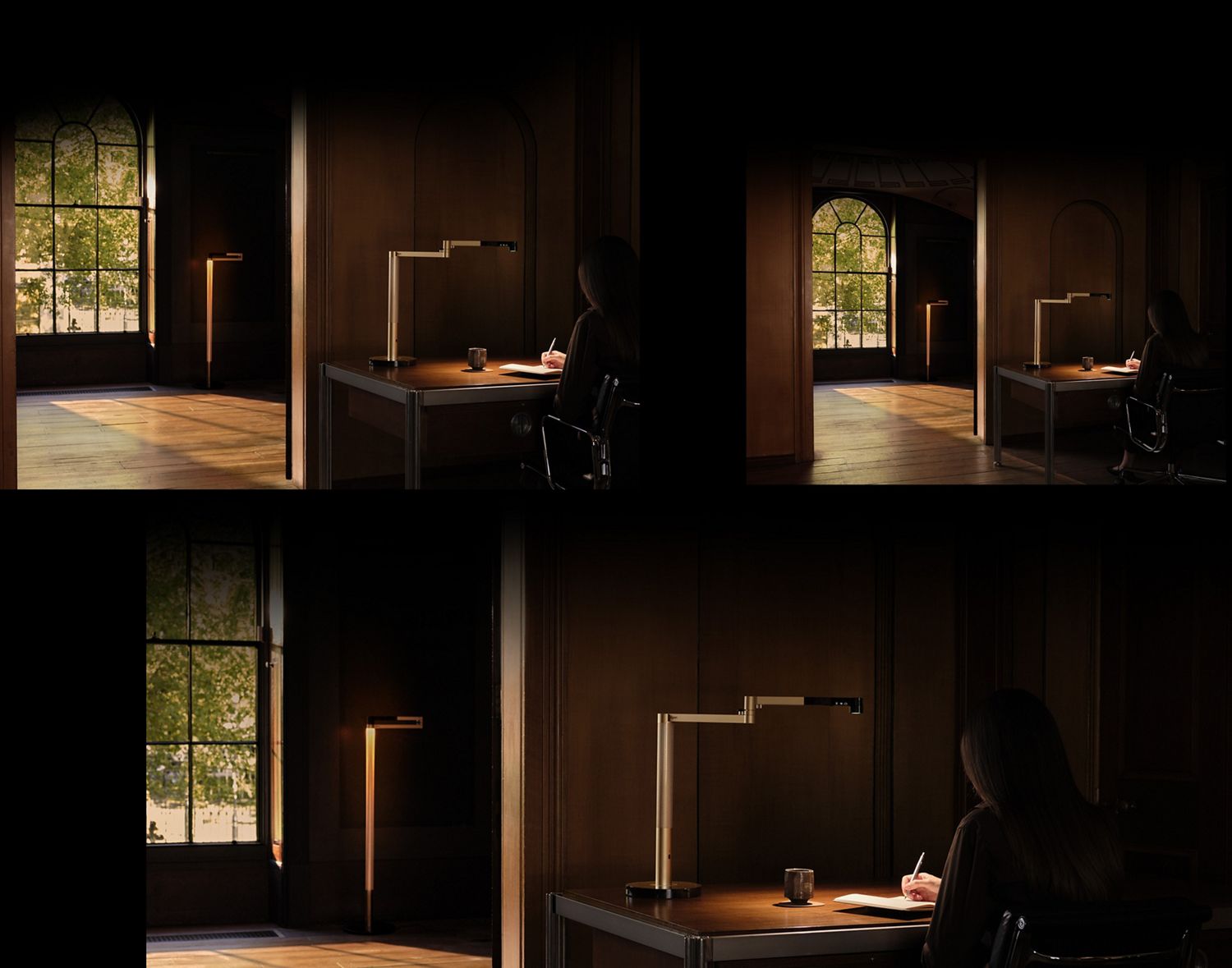 Proprietaria di cuffie Dyson OnTrac seduta sul divano con la lampada da terra Dyson Solarcycle Morph.