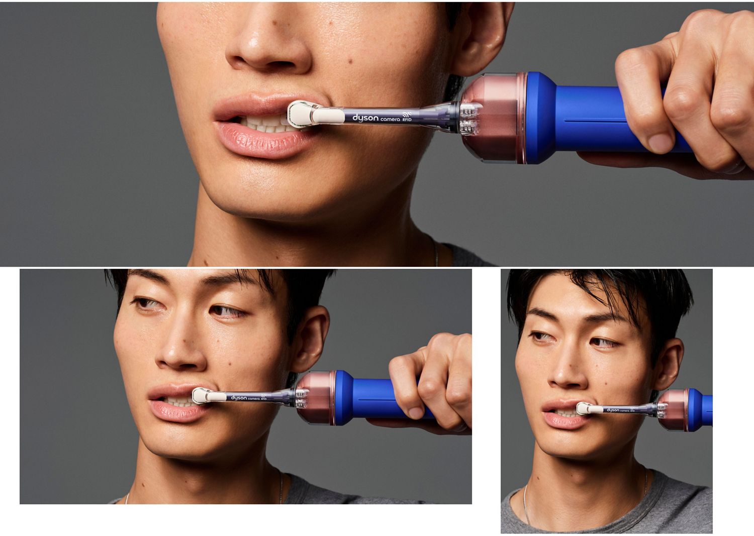 A person brushes their teeth using the Dyson CameraJet toothbrush.