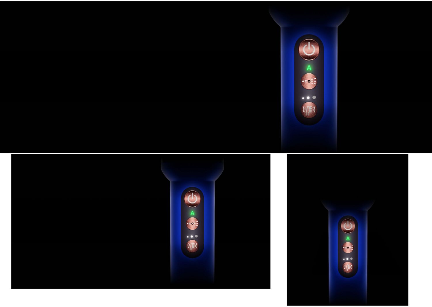Power and control buttons on the Dyson CameraJet toothbrush.
