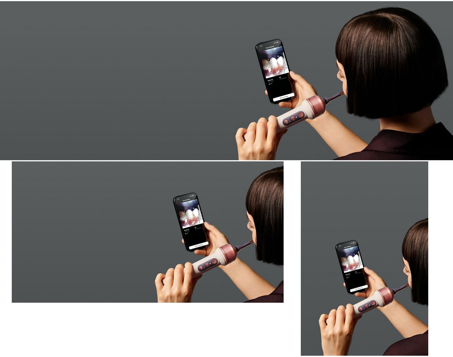 A person uses the MyDyson app and the Dyson CameraJet toothbrush.