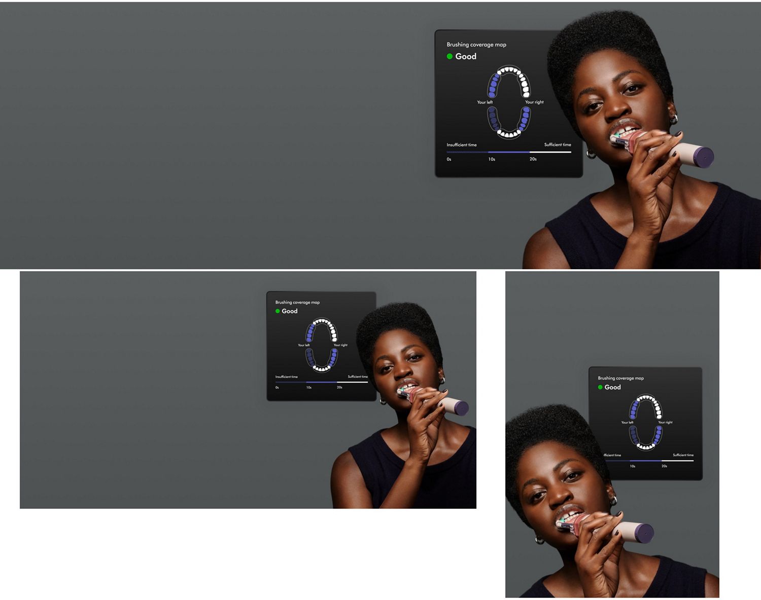 Brushing coverage map on the MyDyson app next to a person brushing with the Dyson CameraJet toothbrush.
