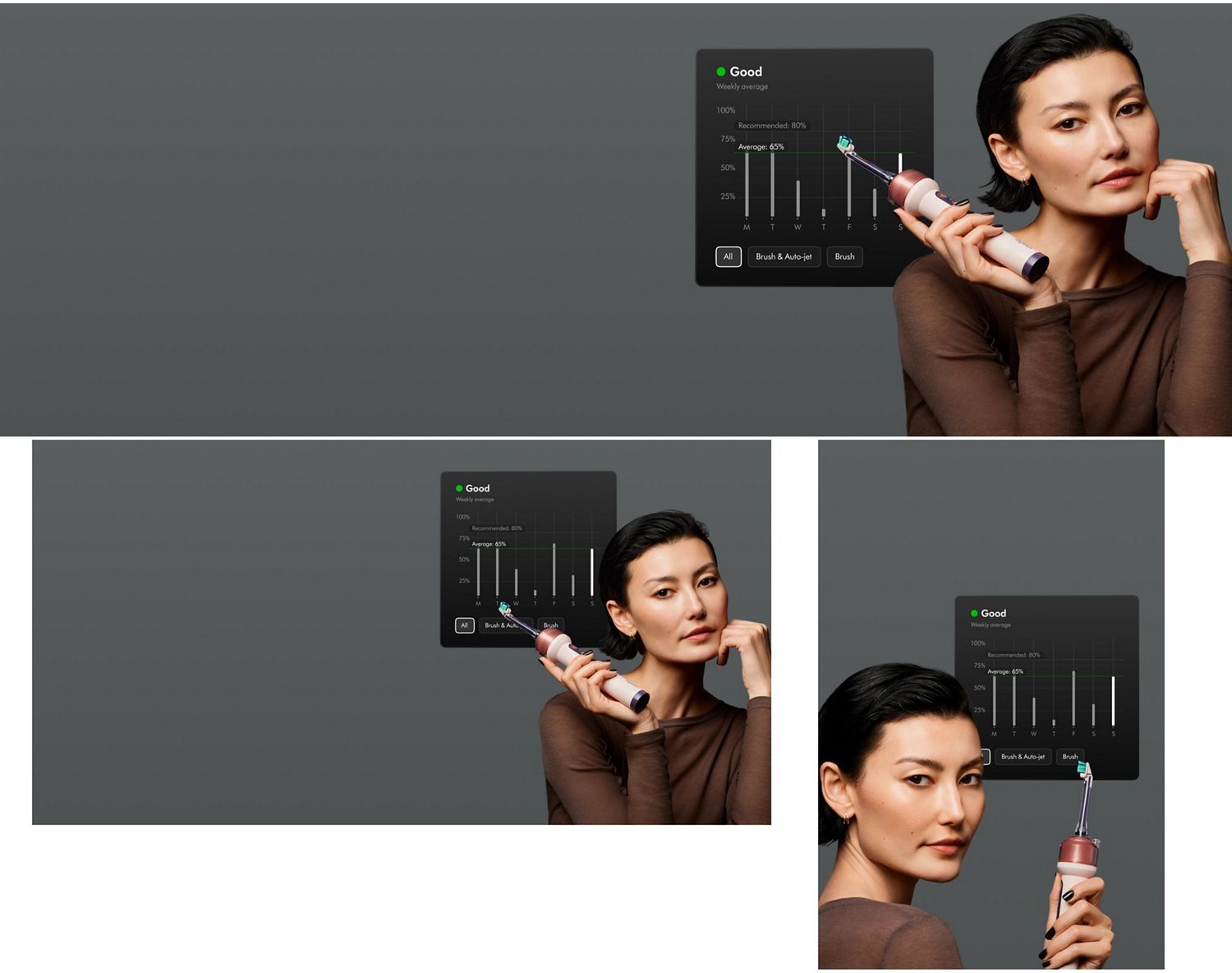 Brushing history on the MyDyson app next to a person holding the Dyson CameraJet toothbrush.