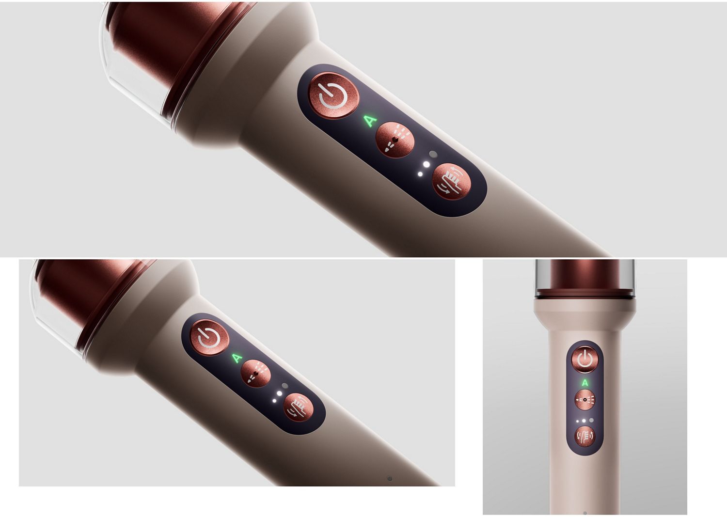 The buttons on the Dyson CameraJet toothbrush handle.