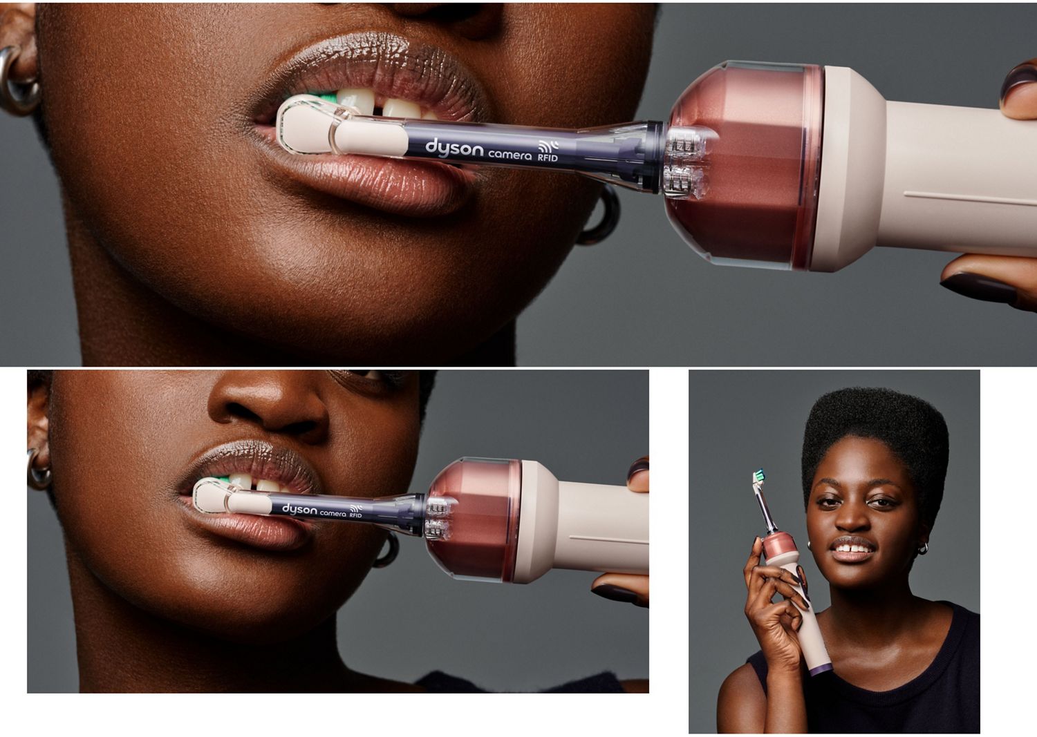 A person brushes their teeth using the Dyson CameraJet toothbrush.