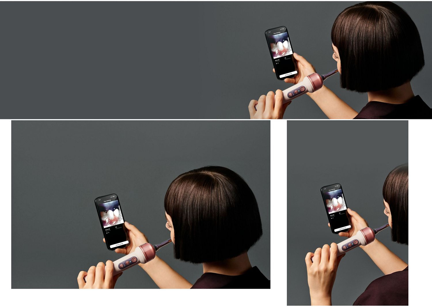 A person uses the MyDyson app and the Dyson CameraJet toothbrush.