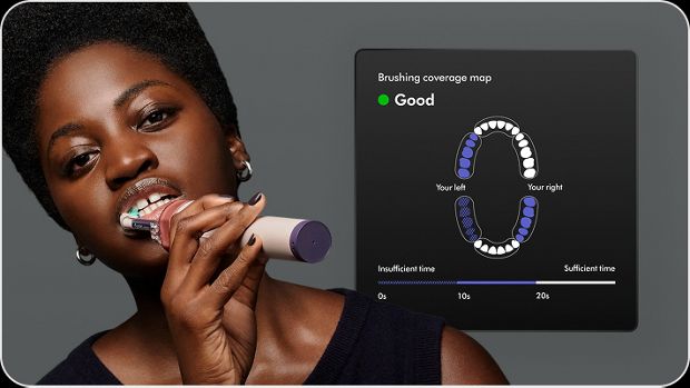 Brushing coverage map on the MyDyson app next to a person brushing with the Dyson CameraJet toothbrush.