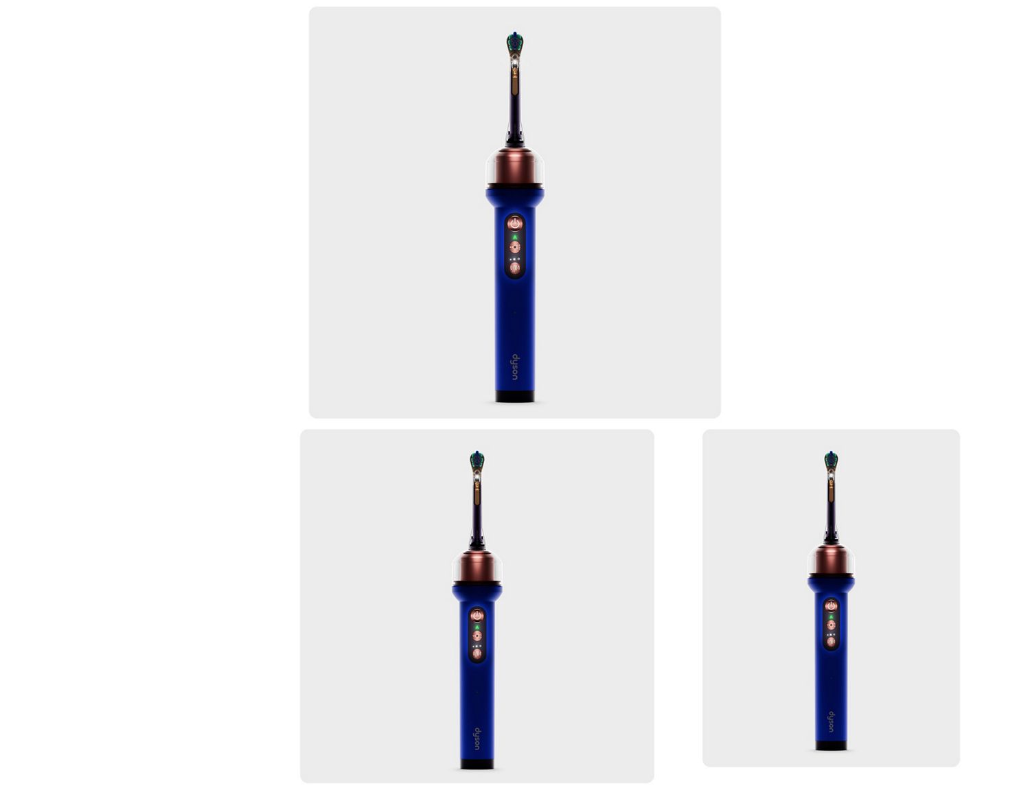 Electric toothbrush standing upright on a light gray background, featuring a metallic rose-gold neck, dark blue handle, and small round brush head.