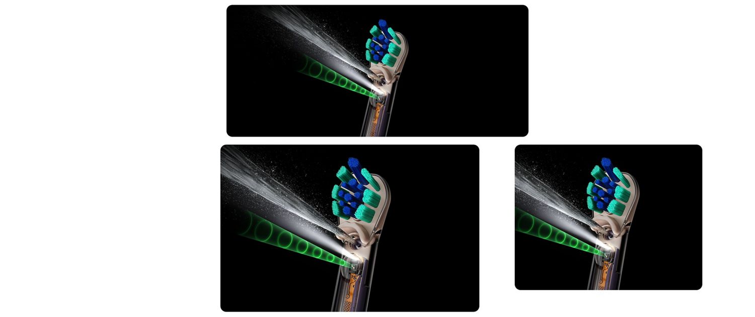 Cutaway view of an electric toothbrush head revealing internal blue bristles and mechanical components, displayed on a black background.