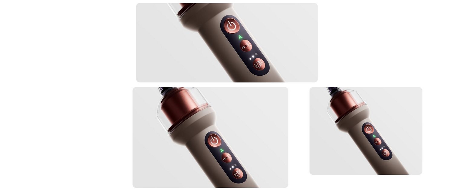 Electric toothbrush positioned diagonally on a light gray background, highlighting the brush head, metallic neck, and front control panel.