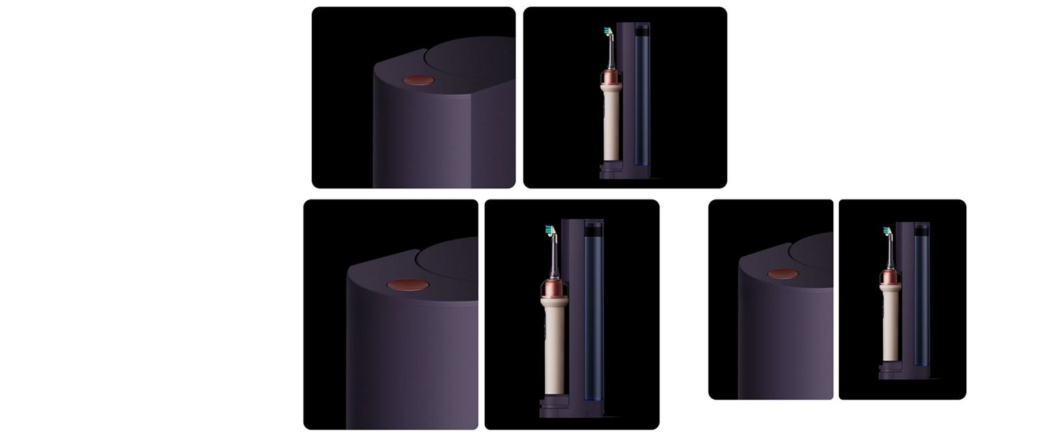 Electric toothbrush standing beside a cylindrical charging base in a dark studio setting.