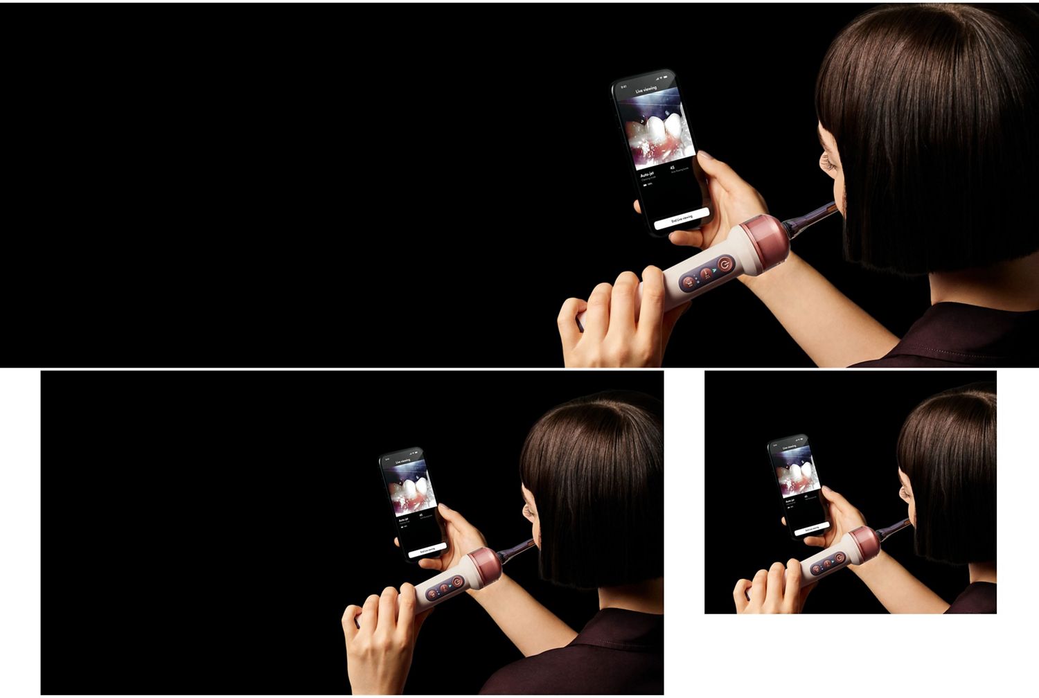 A person uses the MyDyson app and the Dyson CameraJet toothbrush.