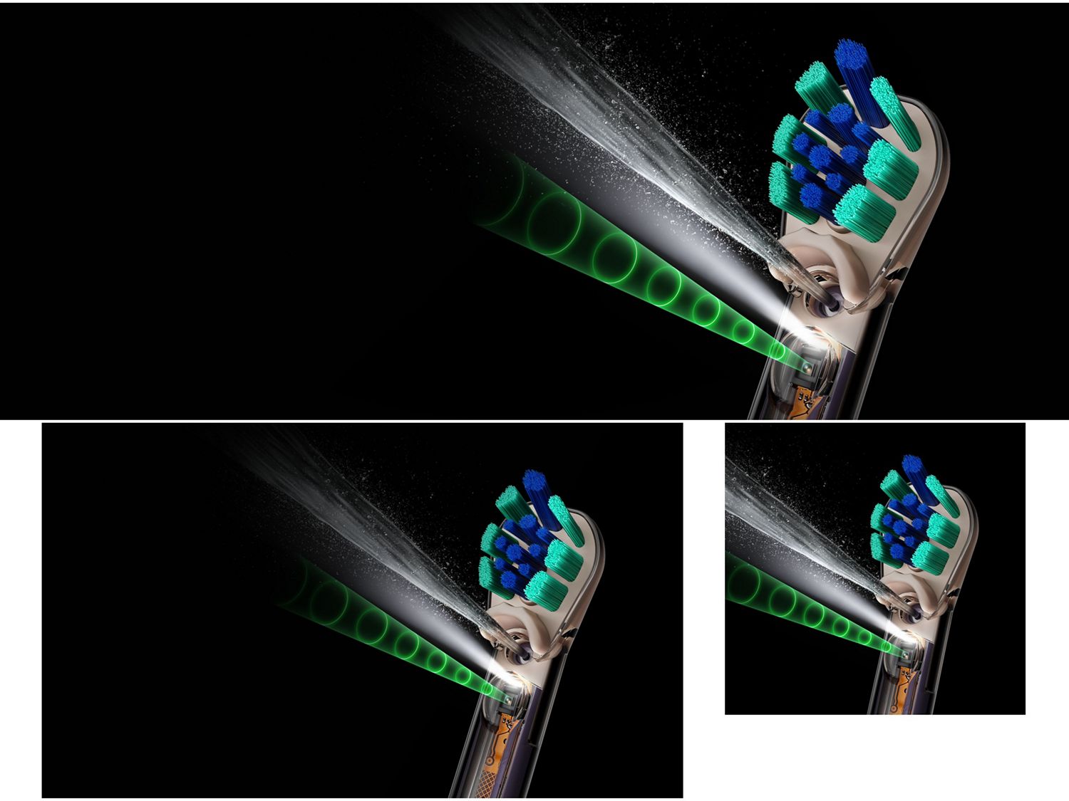 The brush head of the Dyson Camerajet toothbrush detects gaps and flosses automatically.