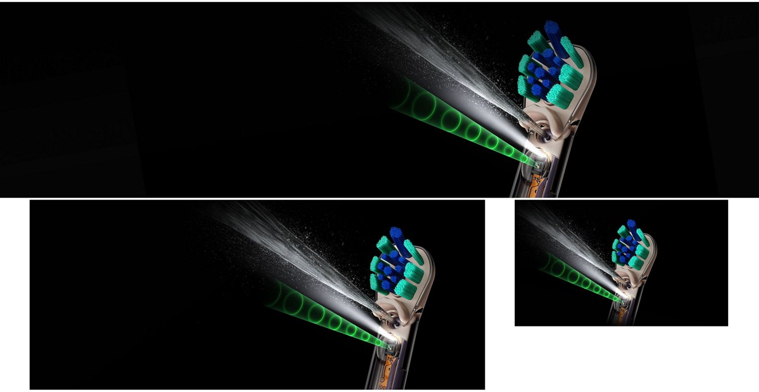 Dyson CameraJet toothbrush jets a conical burst of liquid to floss interdental gaps.