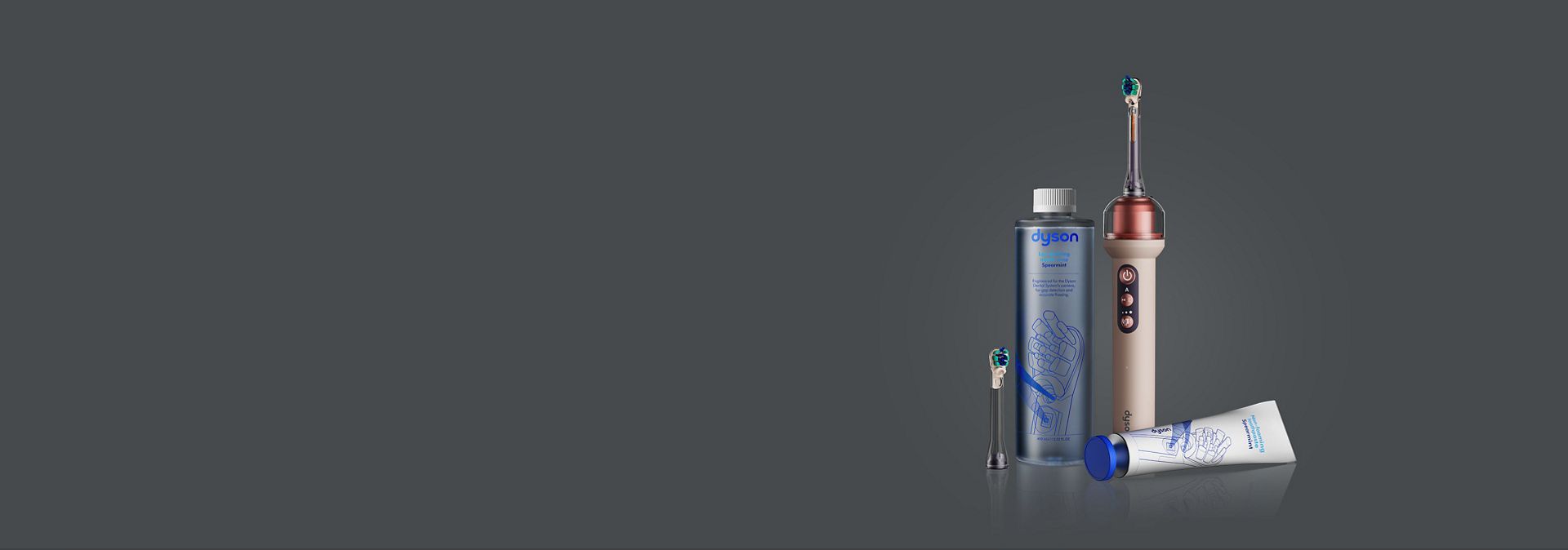 Dyson CameraJet toothbrush, mouth rinse and toothpaste.