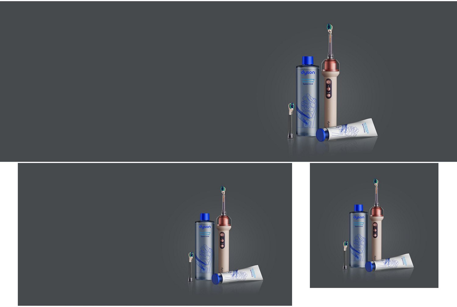 Dyson CameraJet toothbrush, mouth rinse and toothpaste.