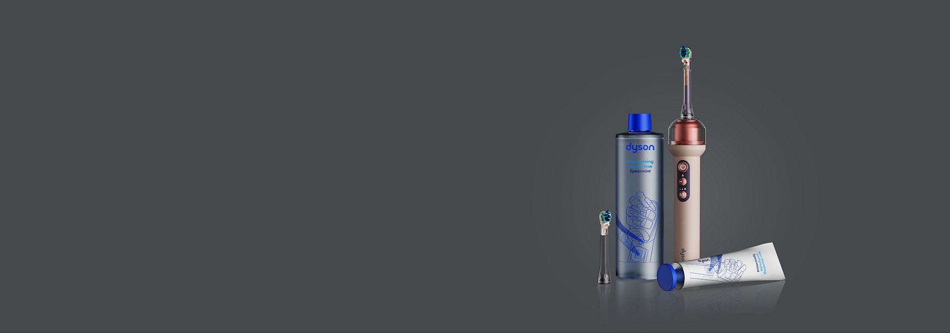 Dyson CameraJet 水牙線電動牙刷、漱口水及牙膏。