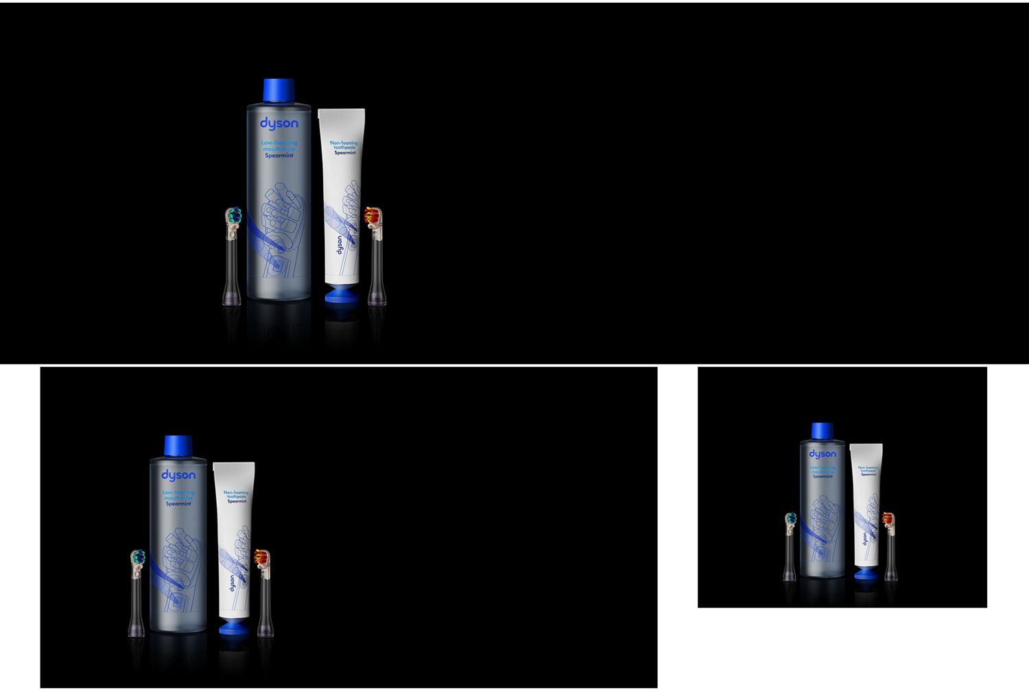 Dyson CameraJet brush head, mouth rinse and toothpaste.